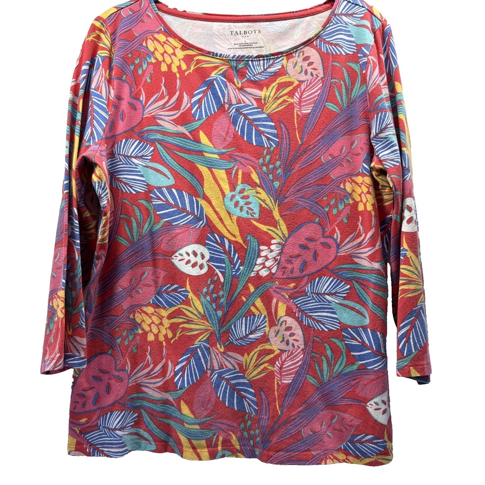 Talbots Women's Top Size Large Tropical Pink Blue Floral 3/4 Sleeves Pullover